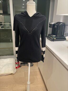 Minnie Rose Black Cotton Cashmere Hooded Sweater Striped Sleeve - S